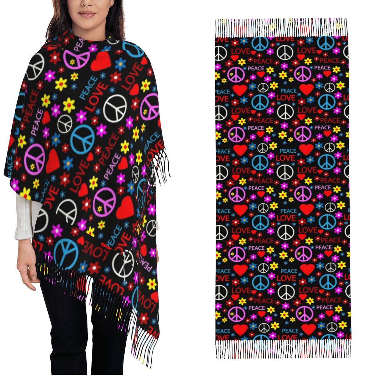 Pashmina Wrap Large - Szal damski z wzorem pokojowej miłości,