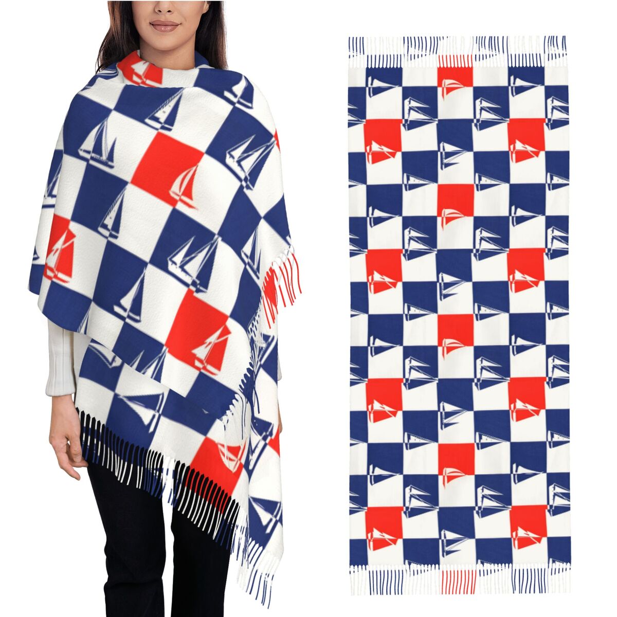 Pashmina Wrap Large - Szal z motywem żaglówki, oceanu, jesienno-zimowy,