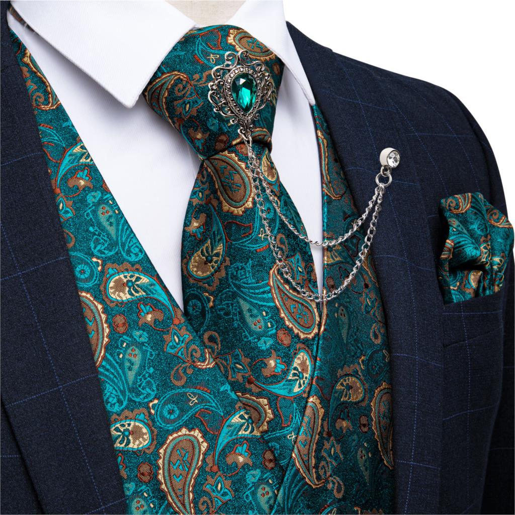 Pocket Square Set - Nowa turkusowo-zielona kamizelka w paisley, męska